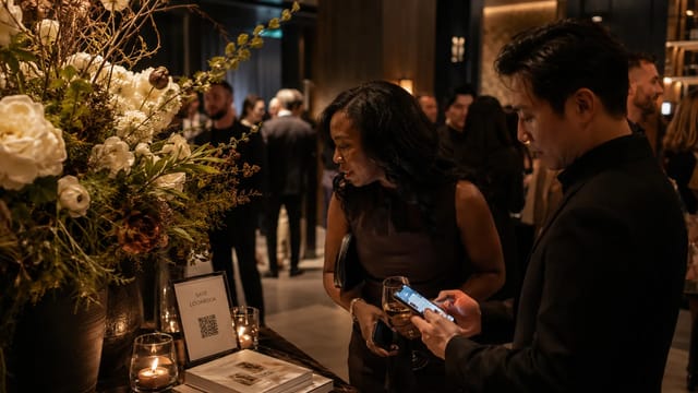Guests saving a lookbook from a floral sponsor touchpoint at The Live Editorial reception
