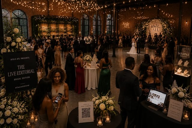 The Live Editorial reception atmosphere with guests, floral, and sponsor moments in the room