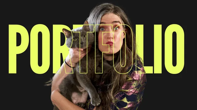 Sam Starratt holding her cat with the word Portfolio layered behind and in front